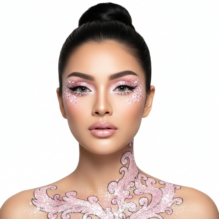 Woman with pink glitter makeup and body art on a white background