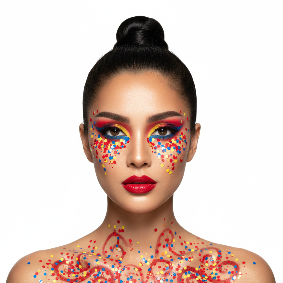 Woman with colorful makeup and confetti on a white background