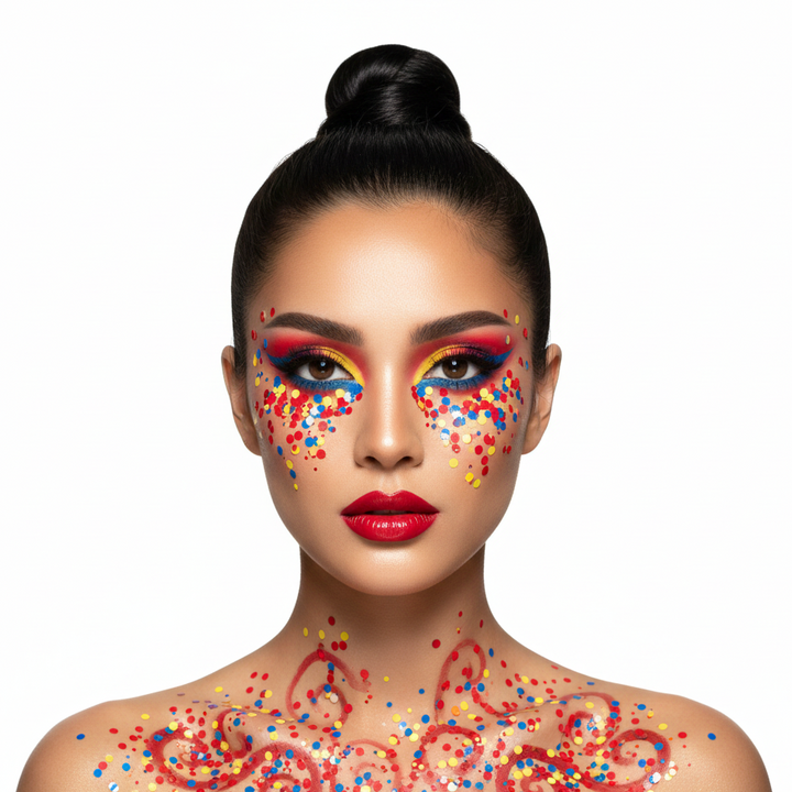 Woman with colorful makeup and confetti on a white background
