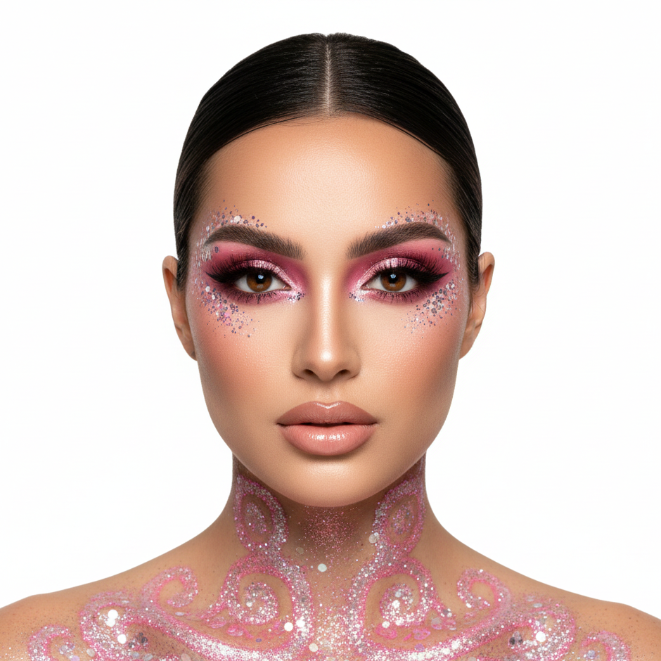 Woman with glittery pink makeup and body art on a white background