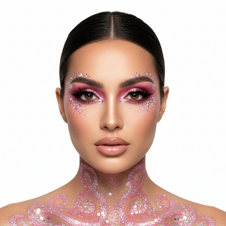 Woman with glittery pink makeup and body art on a white background