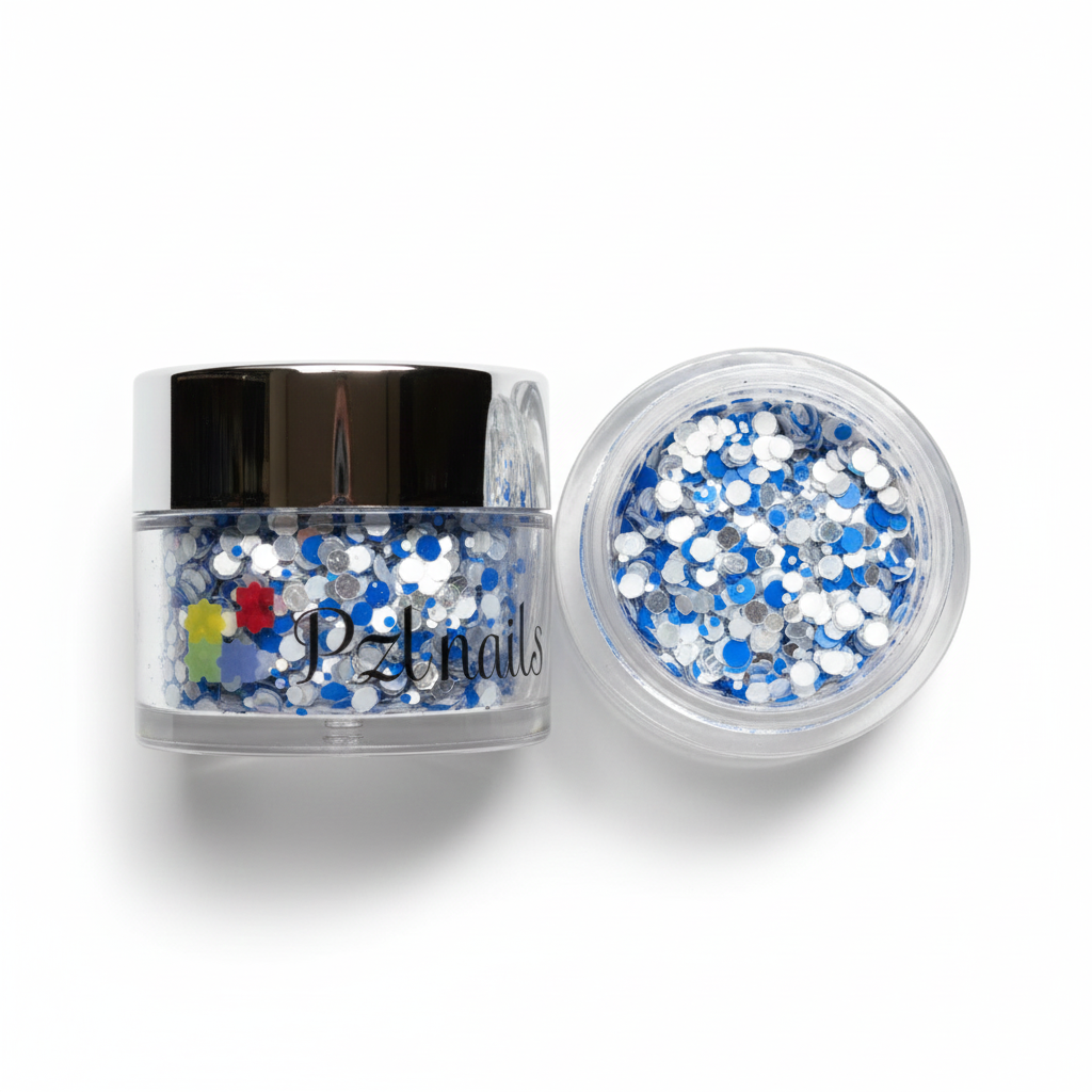 Jar of nail glitter with a lid open, showing colorful glitter on a white background.