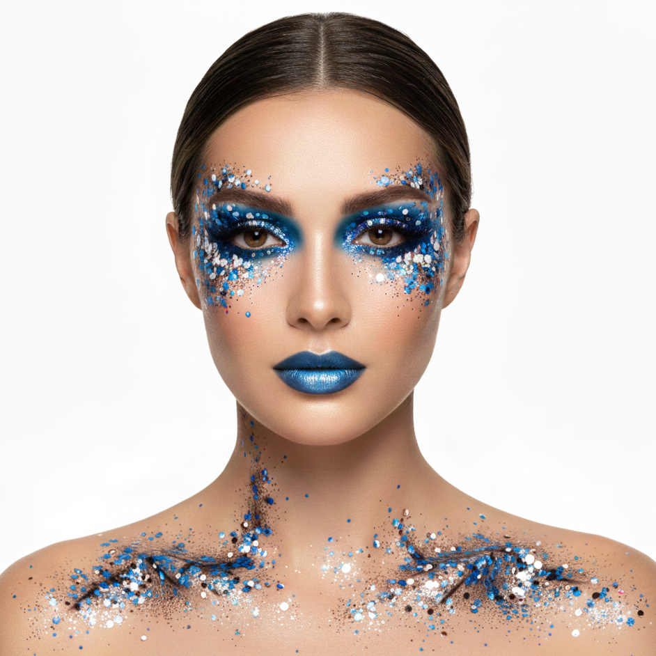 Woman with blue and silver makeup and body art on a white background
