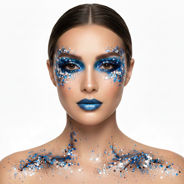 Woman with blue and silver makeup and body art on a white background