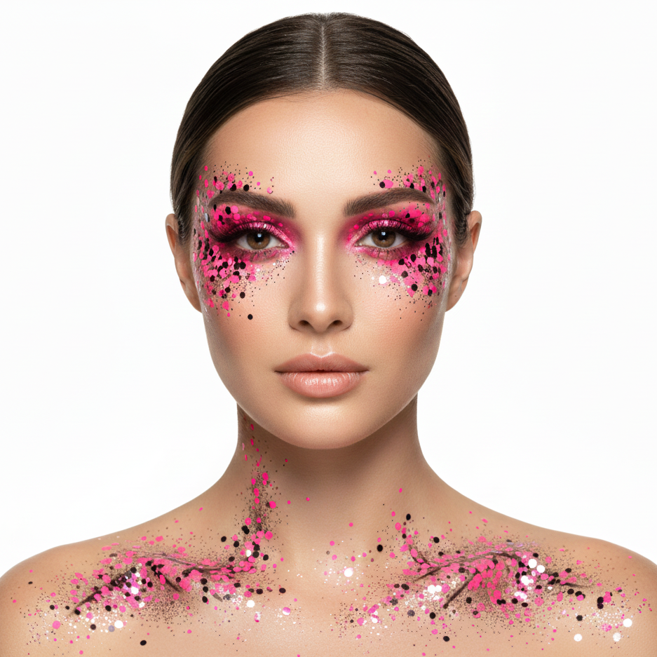 Woman with pink and black makeup and body art on a white background