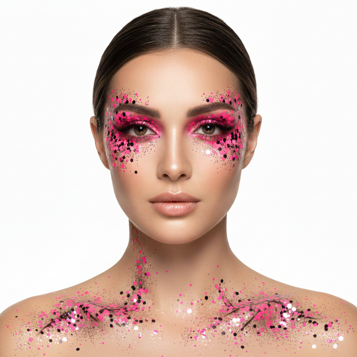 Woman with pink and black makeup and body art on a white background