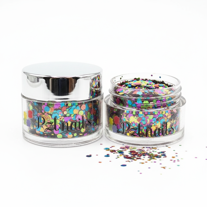 Two jars of colorful confetti with 'Pahats' branding on a white background