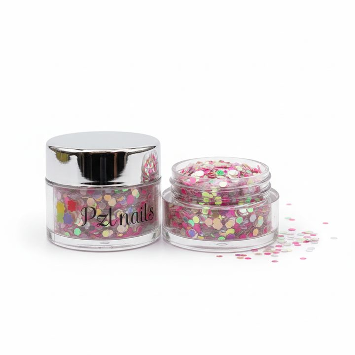 Two jars of PzL Nails nail art confetti on a white background