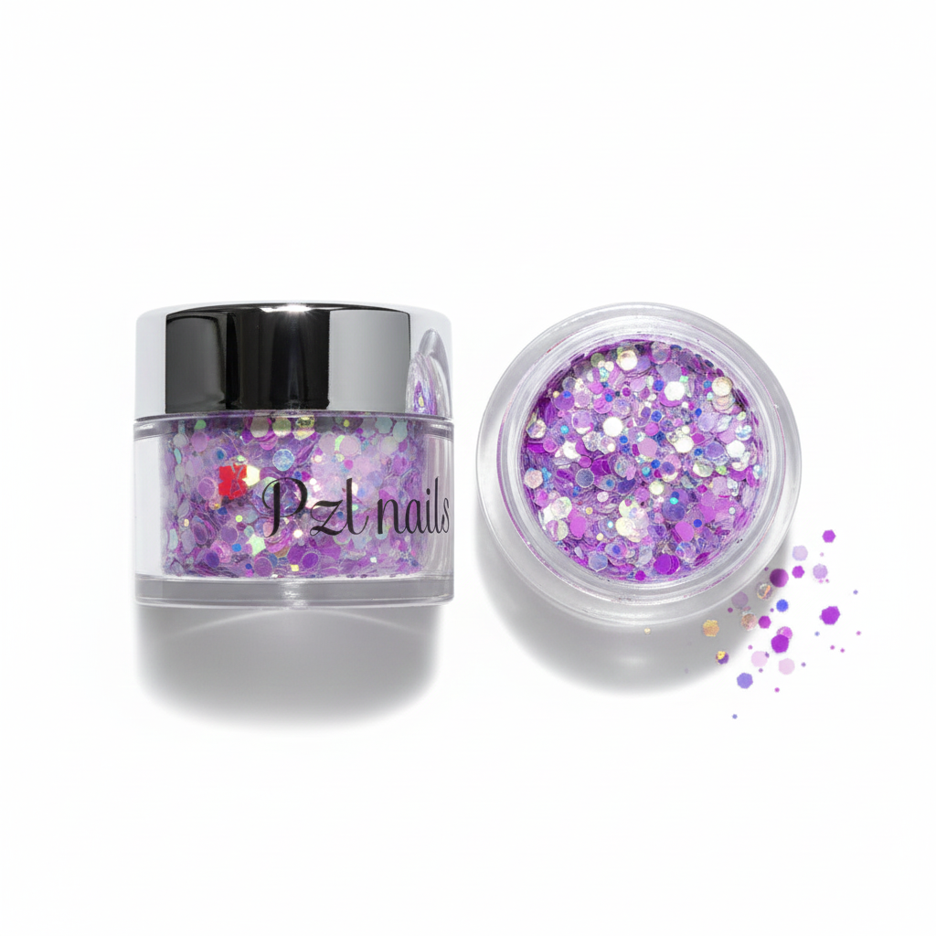 Purple glitter in a Pzl Nails container on a white background
