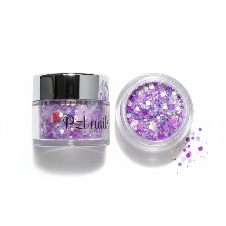 Purple glitter in a Pzl Nails container on a white background