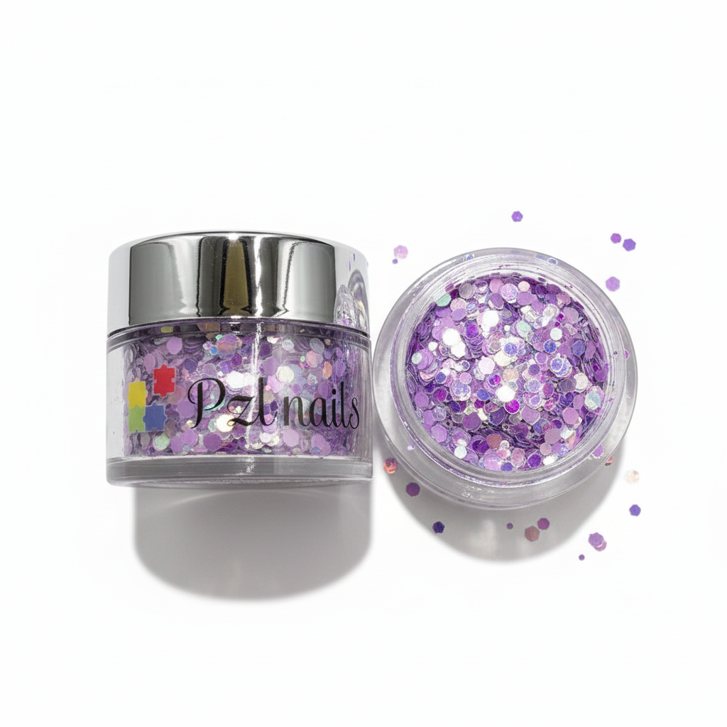 Purple glitter jar with 'PZL Nails' branding on a white background