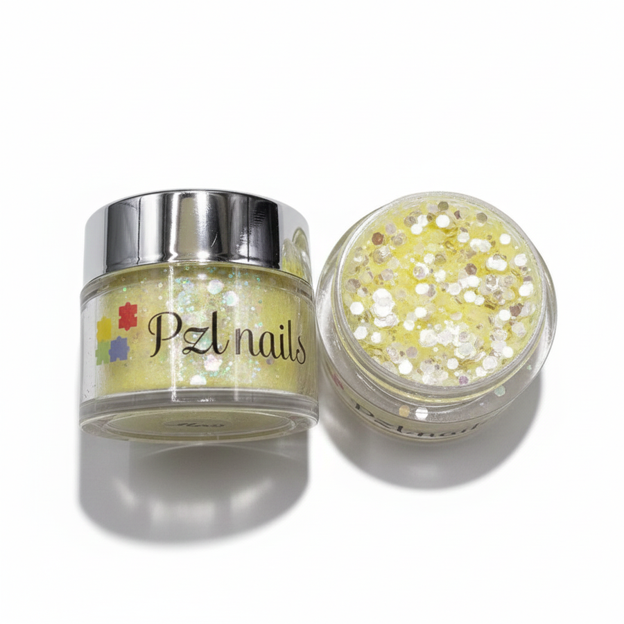 Pzl Nails glitter jar with open lid showing contents on a white background