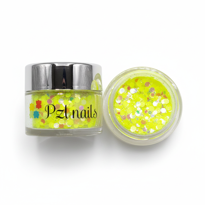Yellow glitter jar with 'PZL Nails' branding on a white background