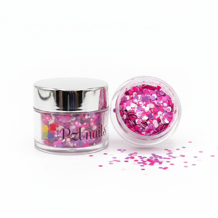 Jar of pink glitter with 'P.Nails' branding on a white background