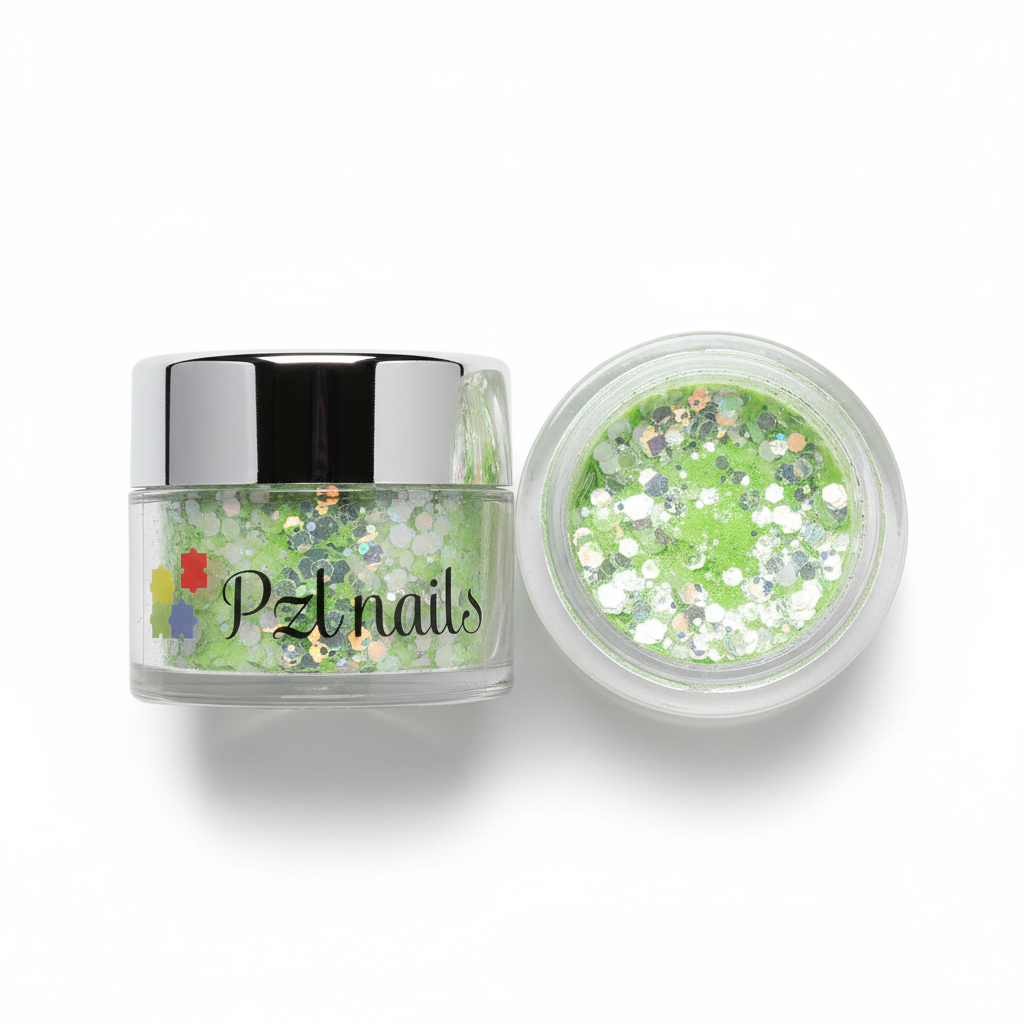 Open jar of glitter with 'PZL Nails' branding on a white background