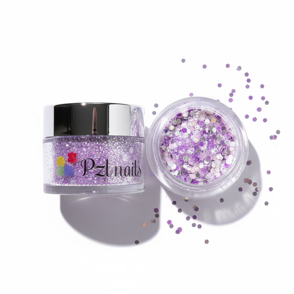  glitter jar with open lid showing purple and silver glitter on a white background