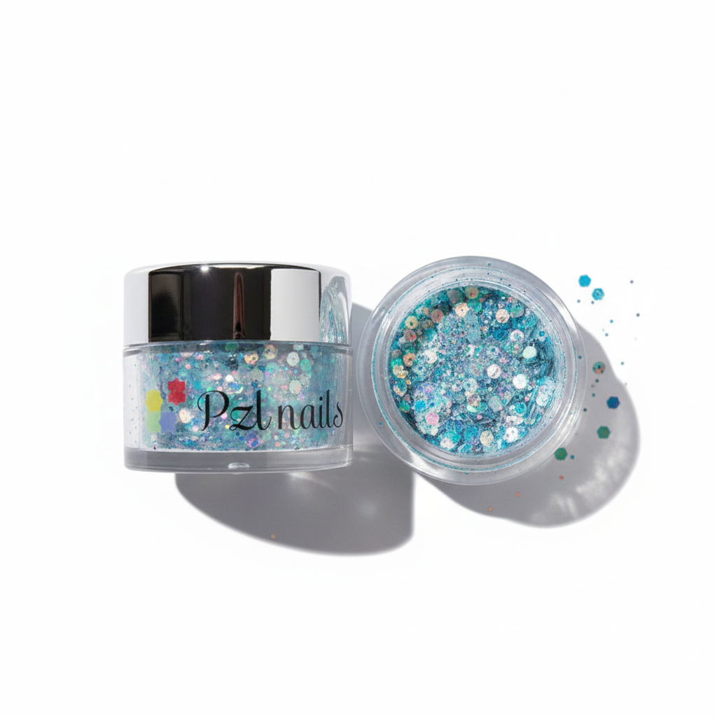 Pzl Nails glitter jar with open lid on a white background