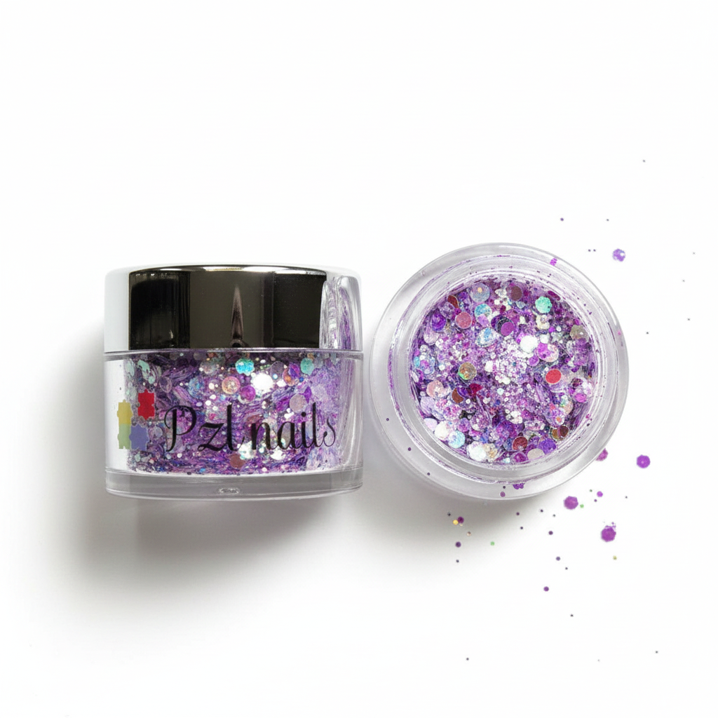 Open jar of purple glitter with scattered glitter on a white background, featuring 'Pzl Nails' branding.