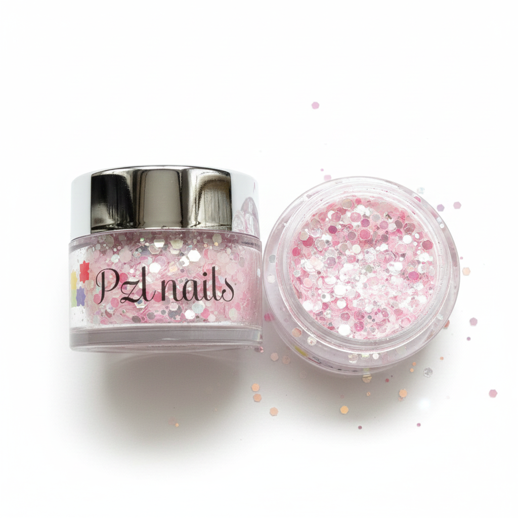 Pzl Nails glitter jar with pink glitter on a white background
