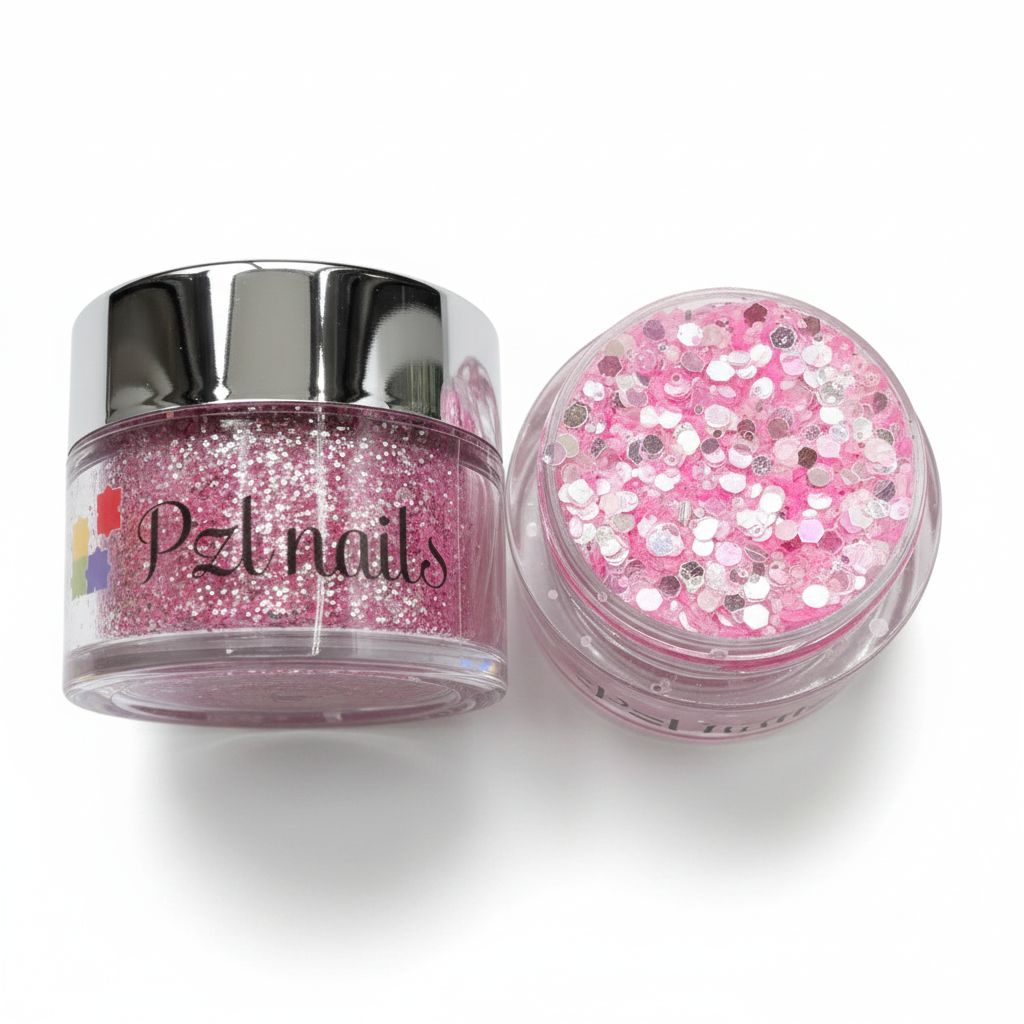 Pink glitter jar with silver lid on a white background
