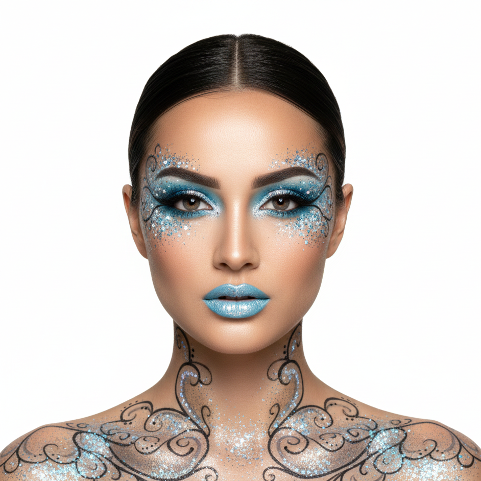 Woman with blue makeup and decorative tattoos on a white background