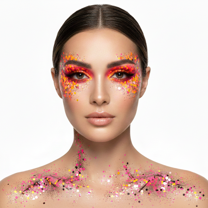 Woman with colorful makeup and body art on a white background