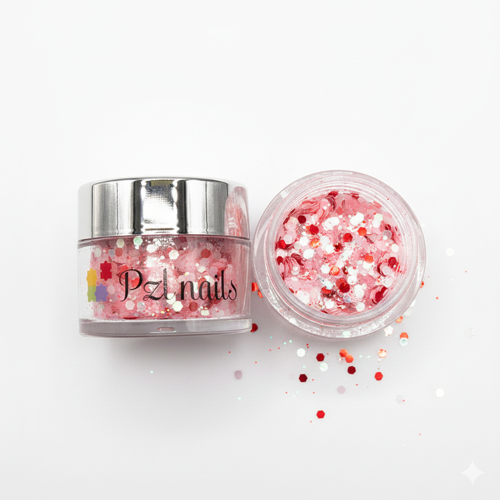 Pink glitter in a PZI Nails container on a white background