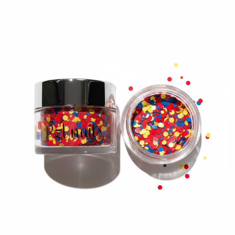 Jar of colorful confetti with a visible brand name on a white background