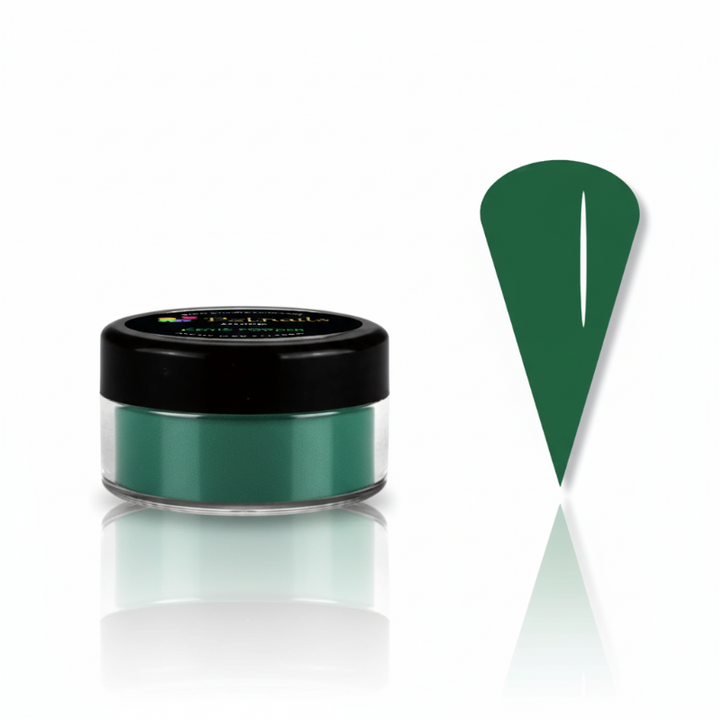 Green powder in a small open jar with a green spoon on a white background
