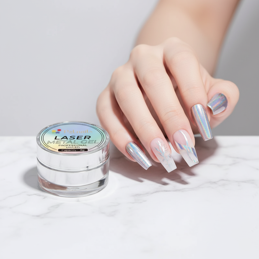 Hand with silver nail polish holding a jar of &
