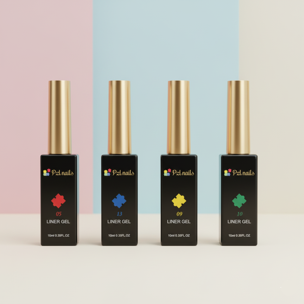 Four bottles of Liner Gel with gold caps on a pastel background