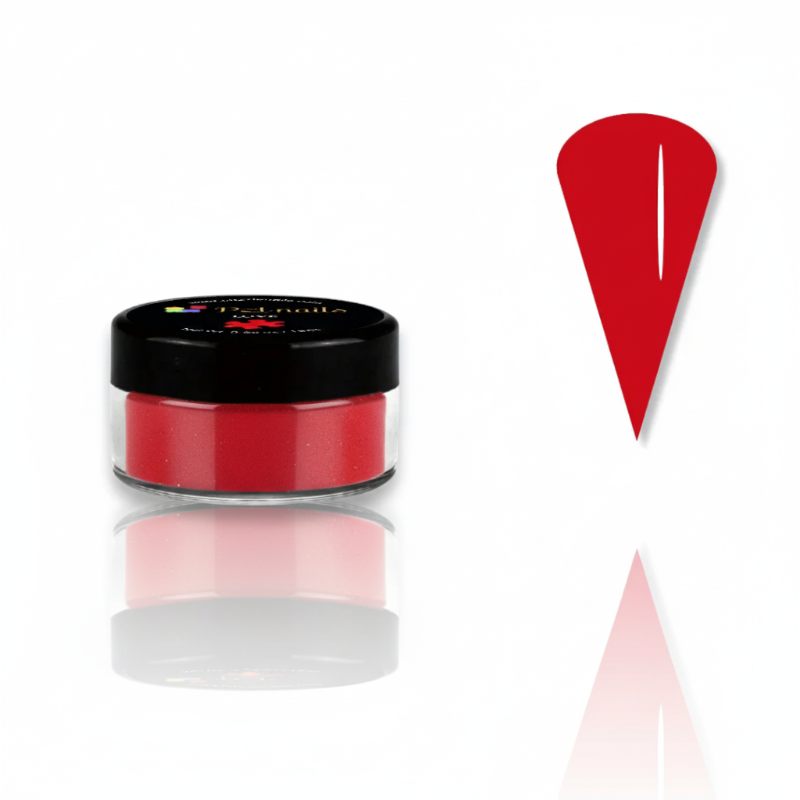 Red powder in a small jar with a black lid on a white background