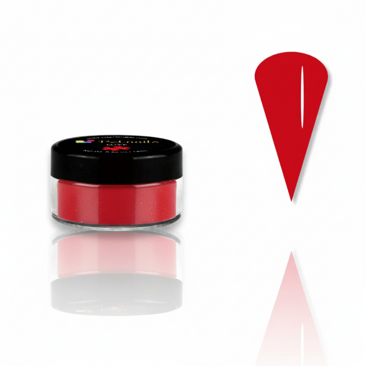Red powder in a small jar with a black lid on a white background