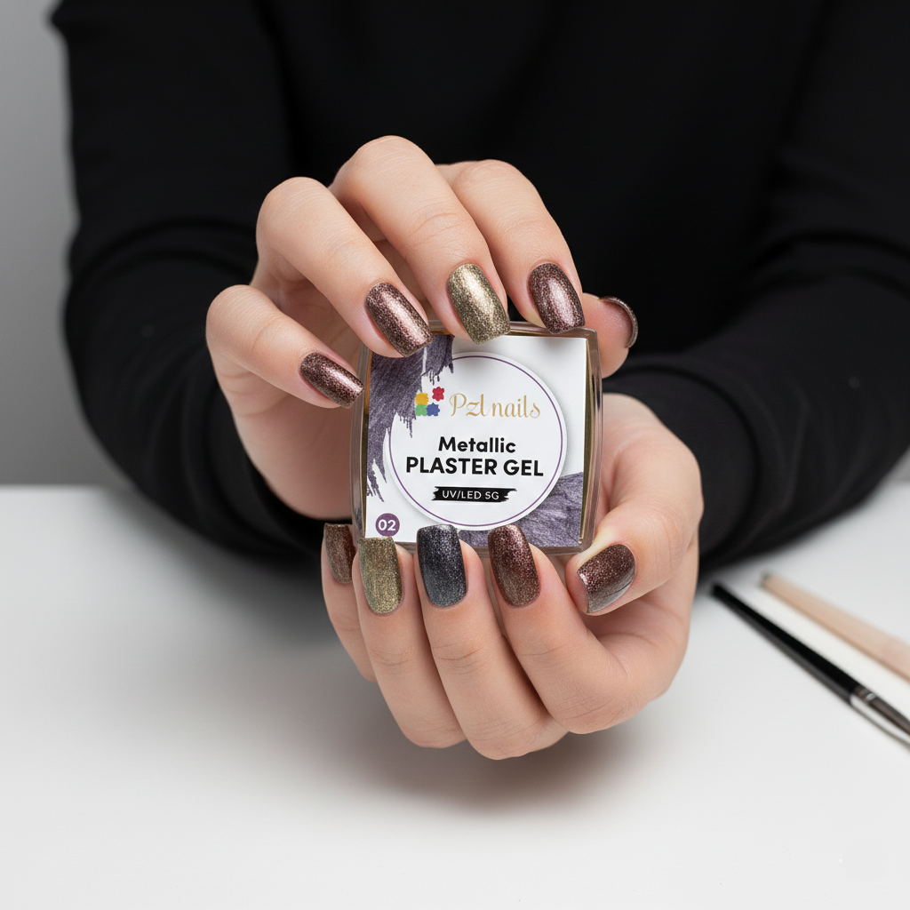 Hand holding a small container of metallic plaster gel with a neutral background