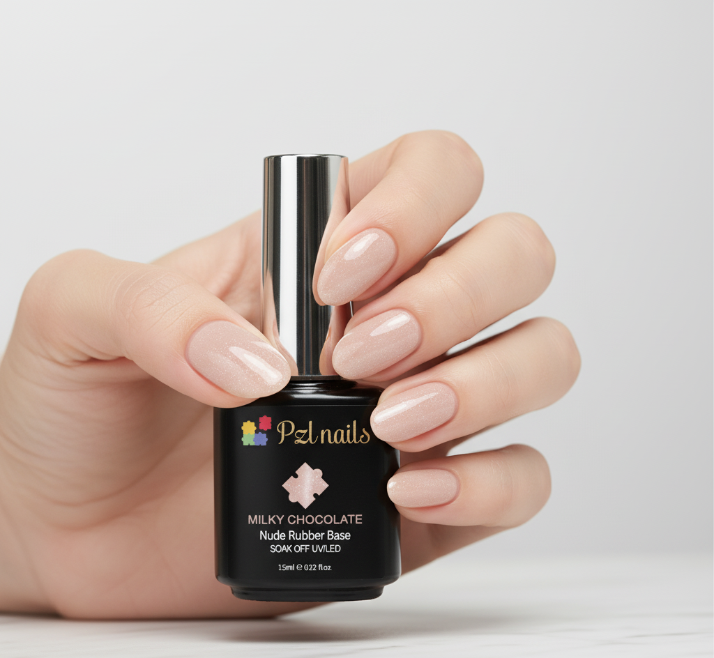 Hand holding a bottle of PZL nails nail polish with a light gray background