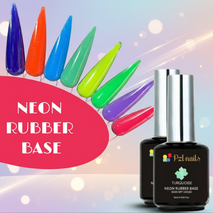Neon rubber base nail polish colors with Pz nails bottles on a colorful background