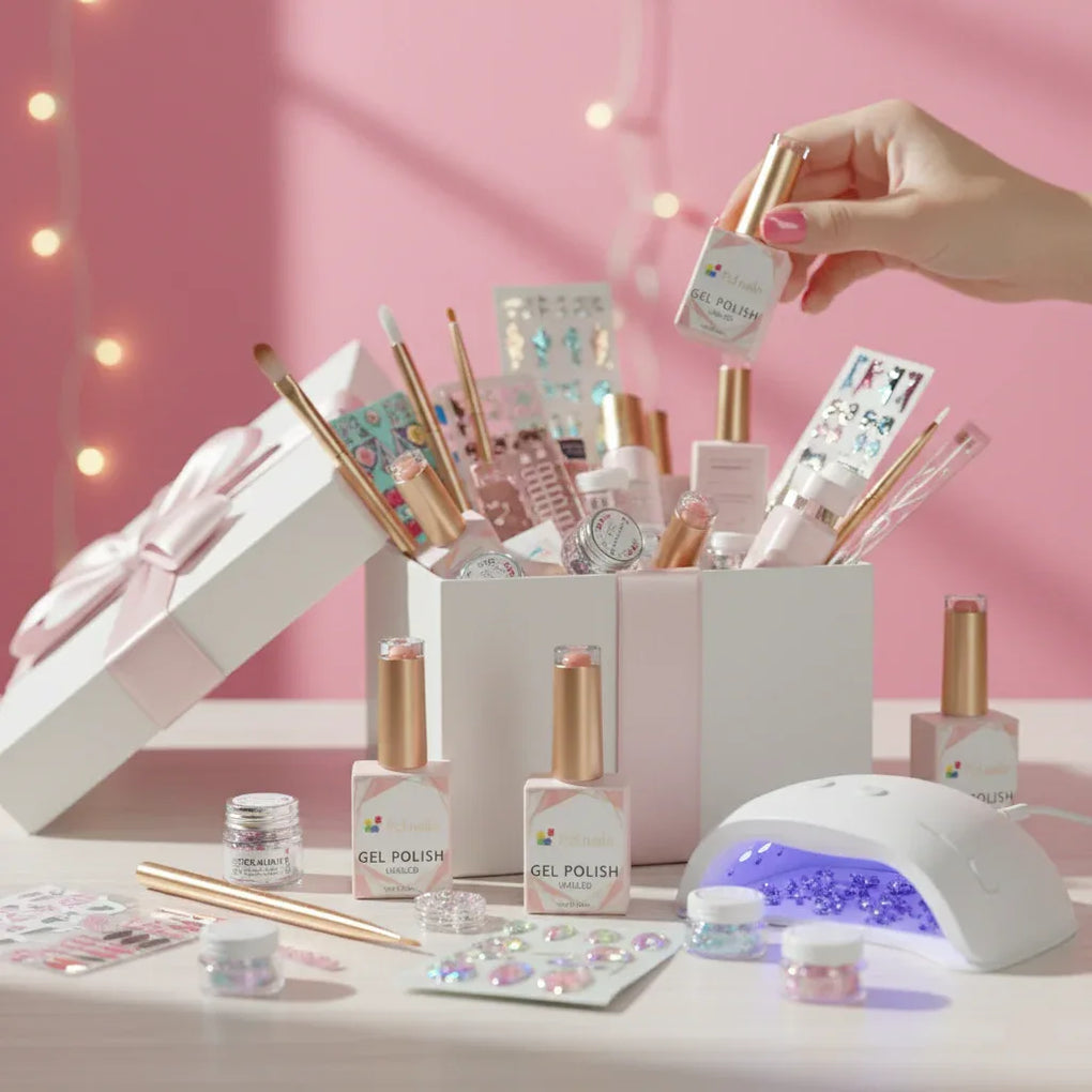 Manicure set with nail polish bottles, tools, and a lamp on a pink background