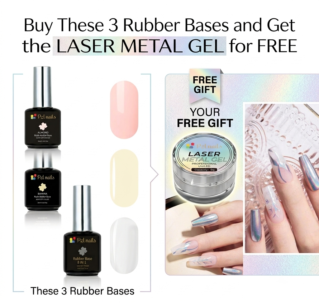 Promotional graphic for Pzl nails showing three black rubber base gel bottles with silver caps, three nail color swatches in pale pink, cream, and white, a jar labeled laser metallic gel, and a hand with metallic silver nails. Text reads: 'Buy These 3 Rubber Bases and Get the LASER METALLIC GEL for FREE' and 'These 3 Rubber Bases.