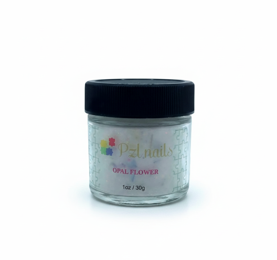 Jar of 'Opal Flower' powder by PZ Nails on a white background