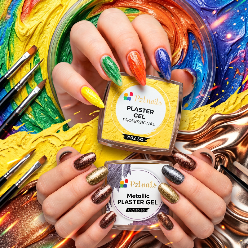 Hands with colorful nail art holding P2nails plaster gel containers against a vibrant, multicolored background.