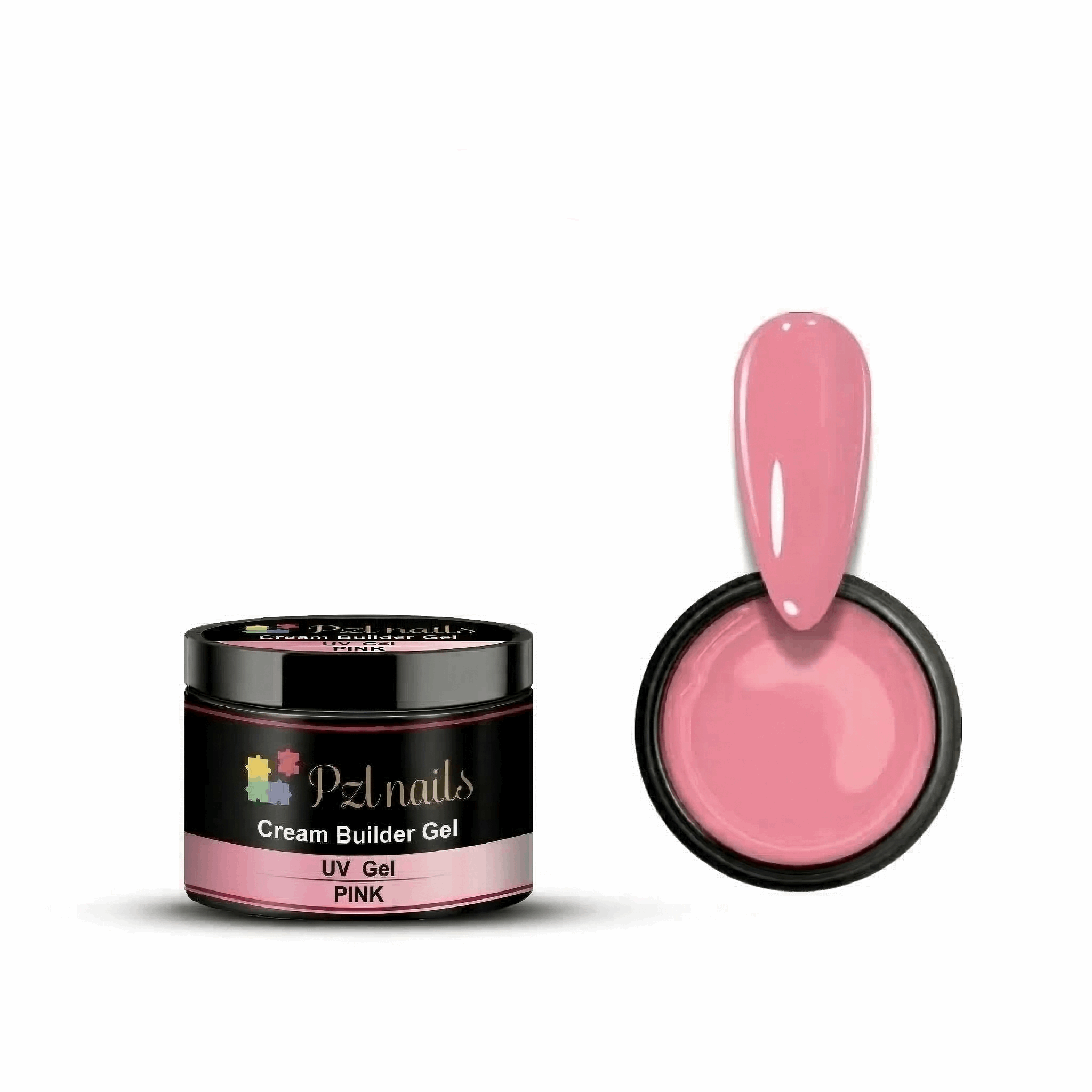 Pink nail gel with a jar labeled 'PzNails' on a white background