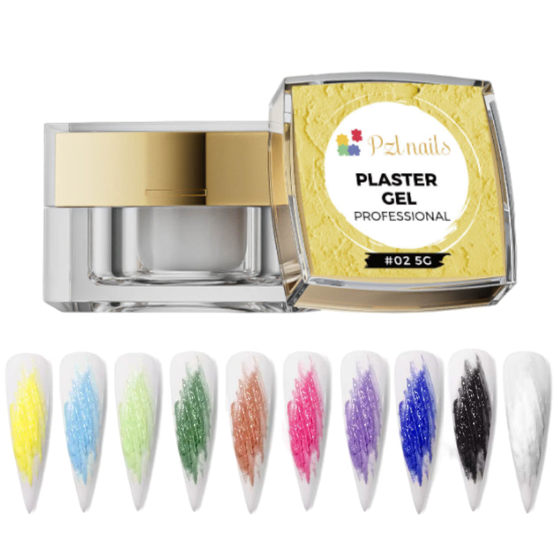 A collection of nail art gel in various colors, with a prominent jar labeled 'PLASTER GEL PROFESSIONAL' by Pzl nails.