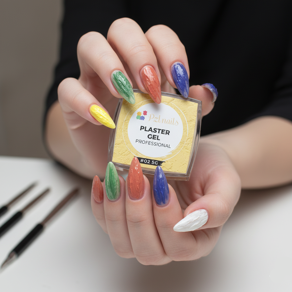 Person holding a small container of Plaster Gel with colorful nail art.