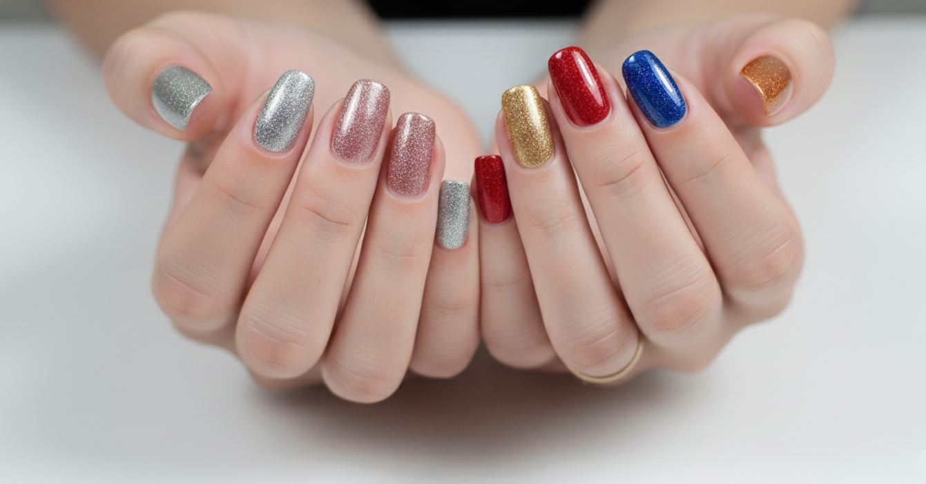 Hand with multicolored nail polish on a white background
