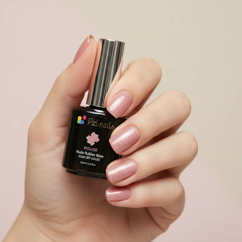 Hand holding a bottle of PZL nails nail polish with pink nails against a light background