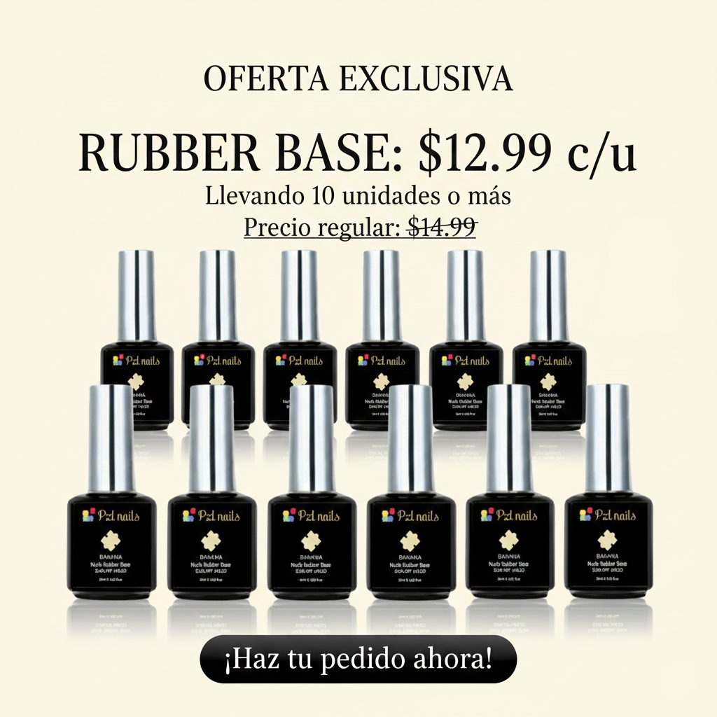 Promotional image of nail polish bottles with a rubber base offer on a beige background.