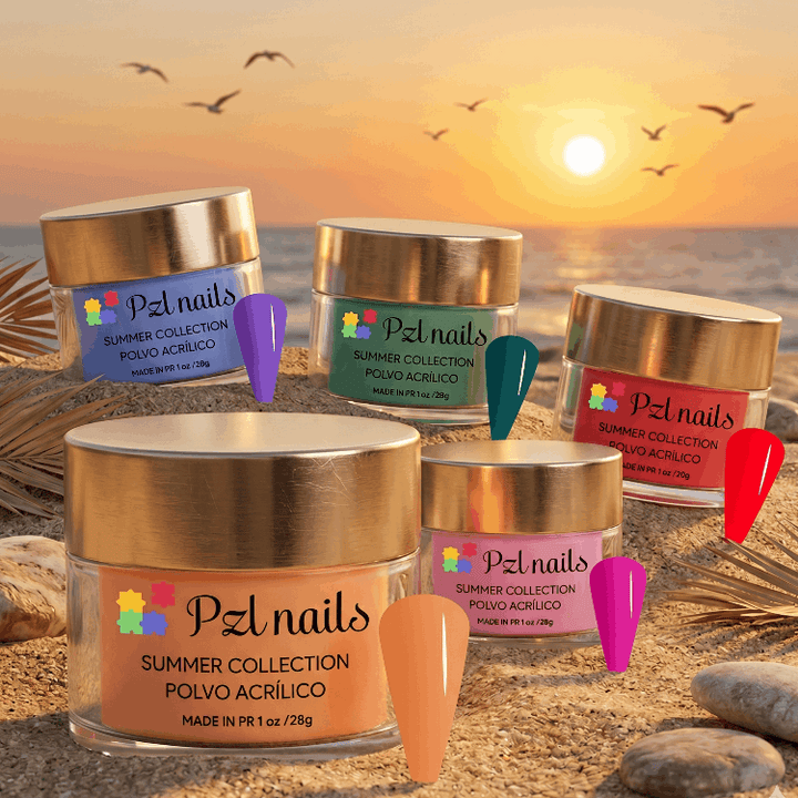 PZL Nails acrylic powder containers with nail samples on a beach sunset background