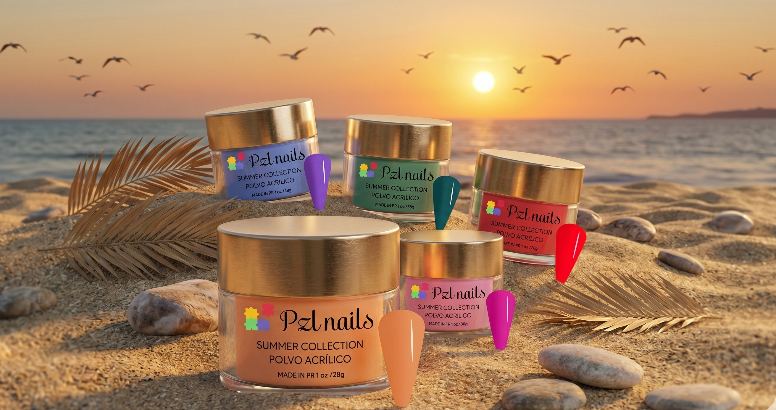 Pzl Nails nail polish products on a beach with a sunset background