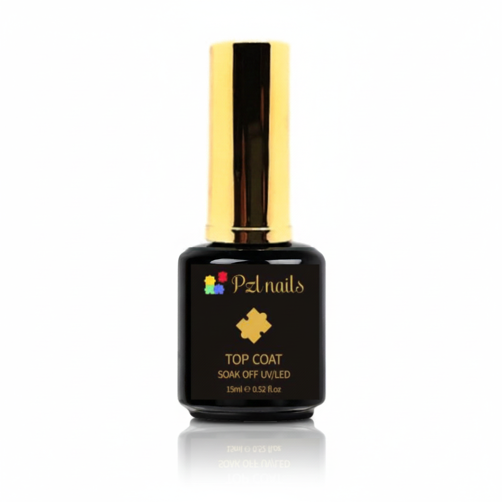 Black nail polish bottle with gold cap on a white background