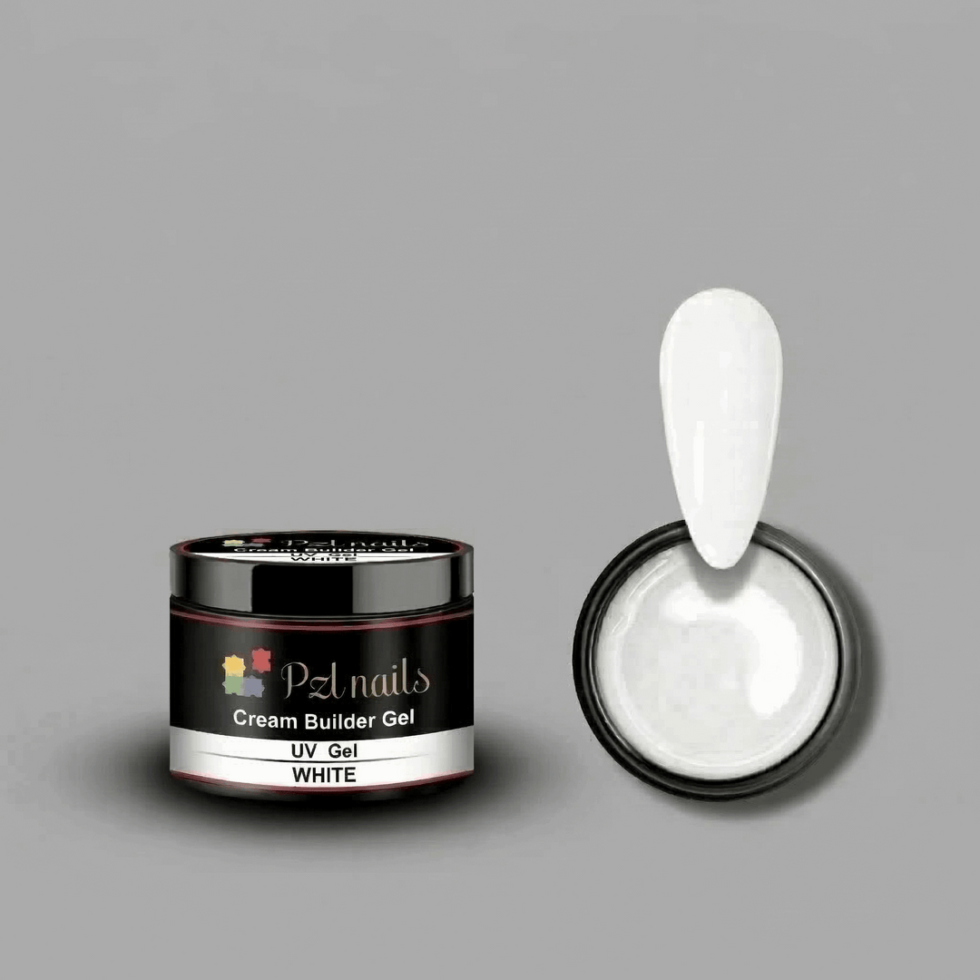 PZL Nails cream builder gel with a spoonful of white gel on a gray background